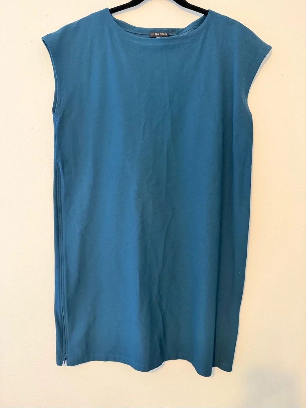Eileen Fisher Teal Washable Crepe Boat Neck Side Zip Tunic Dress Womens Medium - Picture 3 of 6